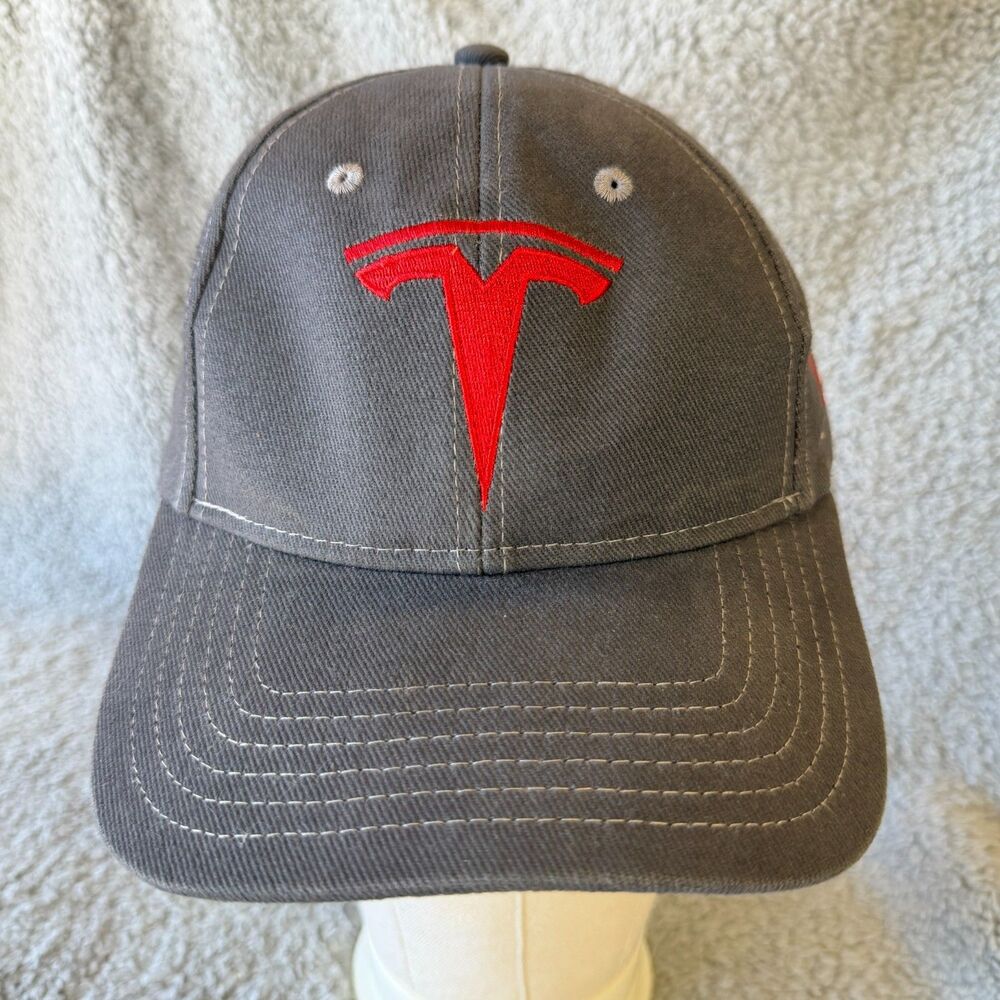 TESLA Motor Drivers Group Embroidered Red Logo On Gray Hat Cap Adj Strapback
